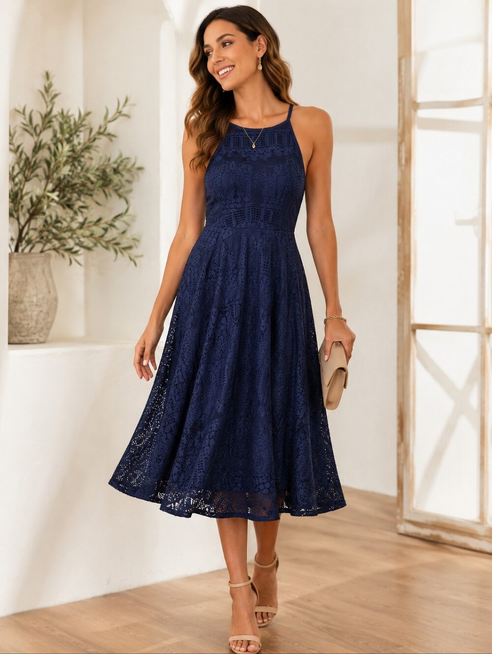Bailey Blue Lace Fit Flare Midi Dress Navy Blue Halter Sleeveless Women's Large